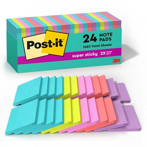 Post-it Super Sticky Notes, 3 x 3 in, Supernova Neons, 24 Pads
