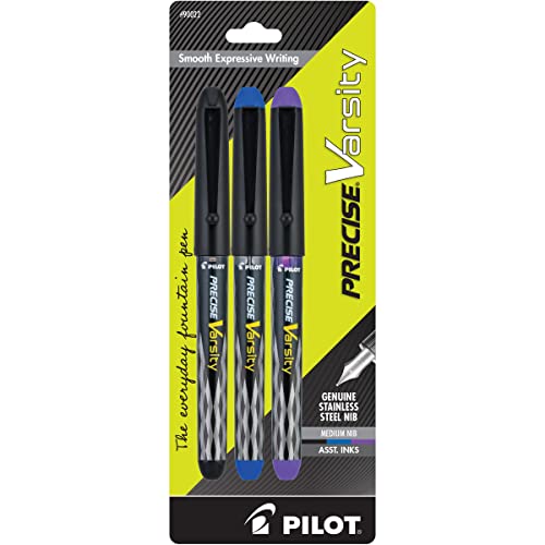 Pilot Precise Varsity Pre-Filled Fountain Pens for Writing, Medium Point Stainless Steel Nib, Black/Blue/Purple Ink, 1.0mm, 3-Pack