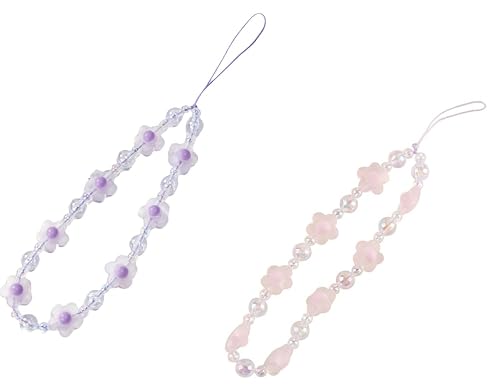 WLngtv 2 Pcs Beaded Phone Bracelet Strap, Crystal Butterfly Flower Pearl Phone Beaded Wrist Strap Bracelet Lanyard For Women Keychain Charm Fashion