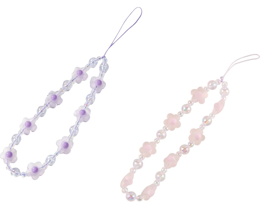 WLngtv 2 Pcs Beaded Phone Bracelet Strap, Crystal Butterfly Flower Pearl Phone Beaded Wrist Strap Bracelet Lanyard For Women Keychain Charm Fashion