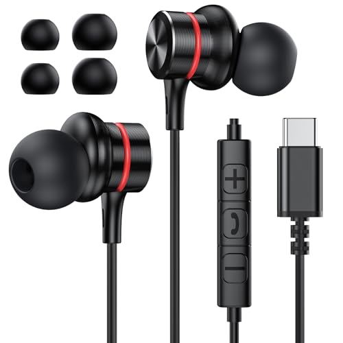 MOSWAG USB C Headphones, Wired Earbuds in-Ear Type C Earphone, Microphone & Volume Control HiFi Stereo Type C Earphones for iPhone 17/16/15 Pro Max
