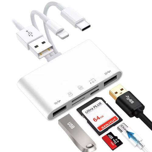 SD/MicroSD Card Reader for iPhone/iPad, 7-in-1 USB-A & USB C & Lighting to Memory Card Reader, USB Camera Adapter with PD Fast Charging Compatible