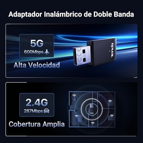 Tenda WiFi Adapter for Desktop PC, AX900 USB WiFi Adapter with Dual Band 600Mbps 5GHz/ 286Mbps 2.4GHz, Built-in Driver for Windows 11/10/7, USB WiFi