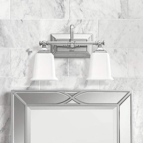Quoizel Nicholas Vanity Lights, 15 Inch 2-Light Polished Chrome Bathroom Lighting Fixtures Over Mirror, 100W, Opal-Etched Frosted Glass, Mid-Century