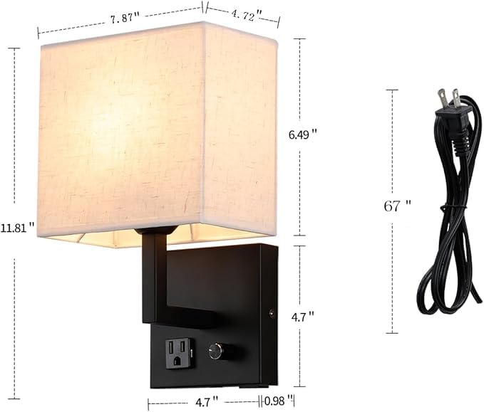 Plug in Wall Sconce, Bedside Wall lamp with Plug and dimmable Switch, with USB Charging Port and Socket, Suitable for Hotel, Corridor, Living Room