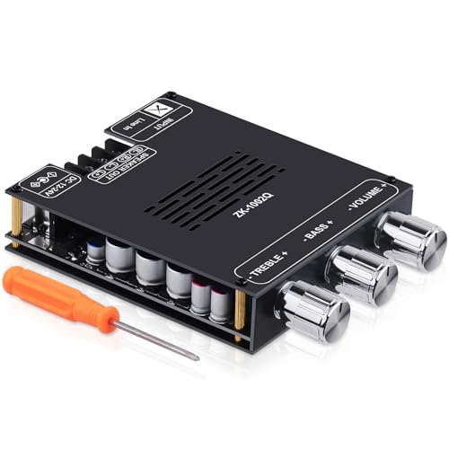 ZK-1002Q Amplifier Board, 2.0 Channel TPA3116D2 Audio Amplifier Module 100W+100W, Bluetooth/AUX Input, Bass Treble Control, DC 12-24V DIY Speaker Amp