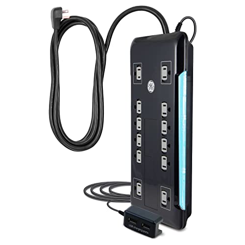 GE UltraPro 12 Outlet Surge Protector, Tethered 2 USB Ports, 8 Ft Power Cord, 4320 Joules, Flat Plug, Power Filter, Circuit Breaker, Warranty, UL