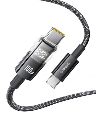 Baseus USB C Cable, 100W 5A Fast Charging USB C Charger Cable with LED Display, Zinc Alloy Nylon Braided USB C to USB C Cable for iPhone
