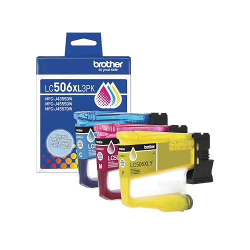 Brother Genuine LC506XL3PK 3-Pack High Yield Cyan, Magenta, and Yellow Ink Cartridges (for use with INKvestment 4355, 4555, and 4557 Printers)