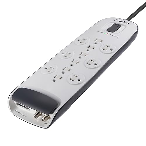 Belkin Power Strip Surge Protector - 12 AC Multiple Outlets, Ethernet & Cable Protection - 8 ft Long Extension Cord for Home, Office, Travel, Computer