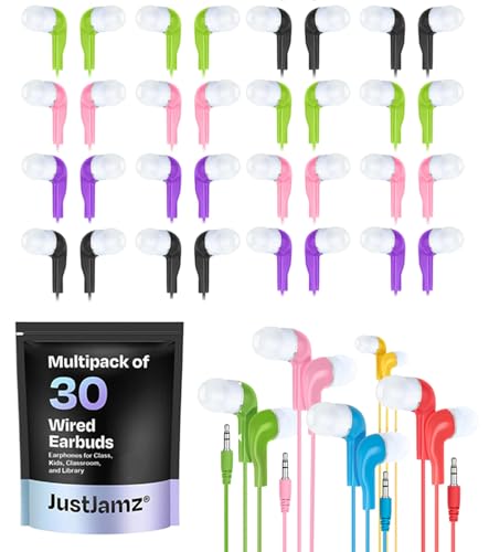JustJamz Jelly Roll Bulk Earbuds - 30 Pack Wired Ear Buds for Classroom, Students, and Kids with 3.5mm Jack - School Earphones, Chromebook…