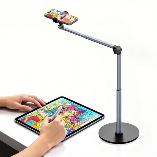 MoKo Overhead Tripod for iPhone, Heavy Duty Aluminum Overhead Phone Mount, Angle & Height Adjustable, Telescopic Arm, Overhead Phone Stand