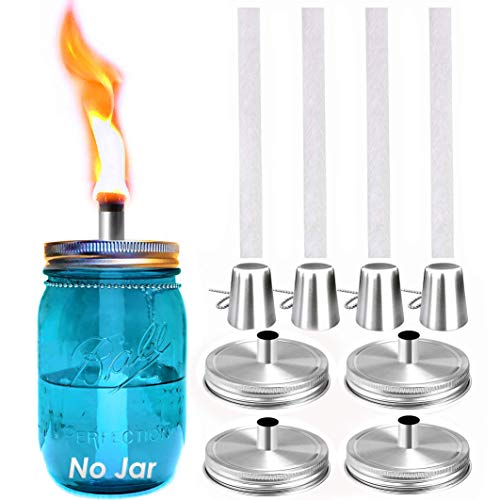 Yitee Mason Jar Tabletop Torch Kits,4 Pack Longlife Fiberglass Wicks,Stainless Steel Mason Jar Lids Caps Included,Outdoor Deck Oil Lamp Torch,Patio