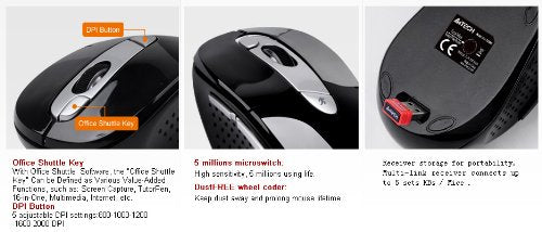 A4Tech G11-570 Rechargeable Lithium Ion Battery Pinpoint Optic Shuttle Series Wireless USB Mouse (Red)