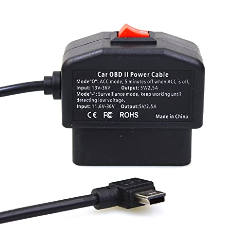 EnruigeOK Universal OBD OBD2 Power Cable for Dash Camera 24 Hours Surveillance/Acc Mode with Switch Button, 3Pin OBDII Adapter Hardwire Charger Cable