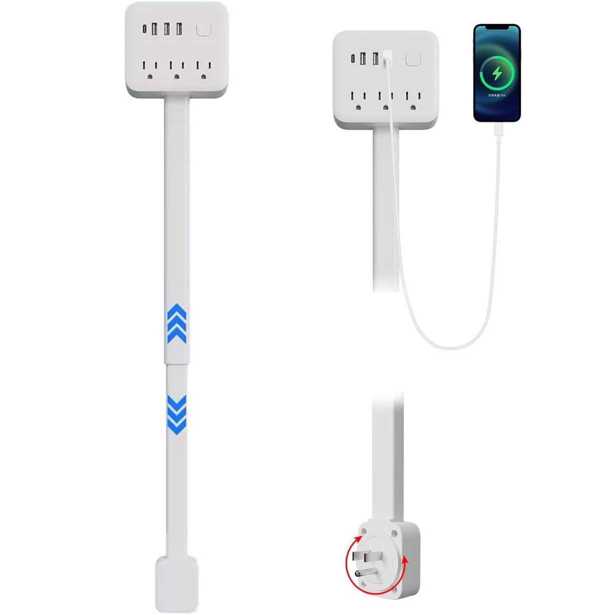 Electrical Outlet Extender Stick, 180° Rotating Surge Protector Power Strip, Featured 3 AC and 4 USB Ports, Multi Plug Wall Outlet Splitter | Ideal