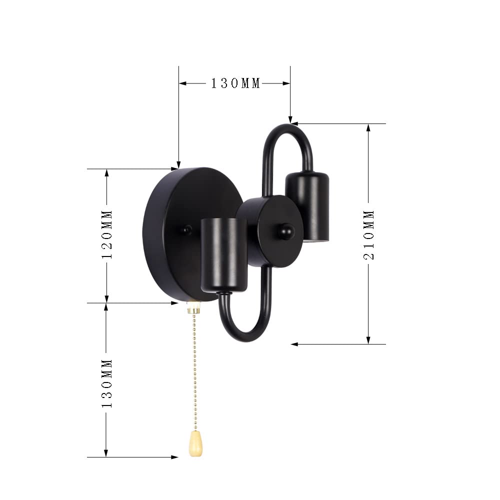 VinTopsh Pull Chain Switch Wall Sconces,2-Light Industrial Metal Wall Light Fixtures Sconces Wall Lighting for Bedroom Bathroom Kitchen Porch (Black)