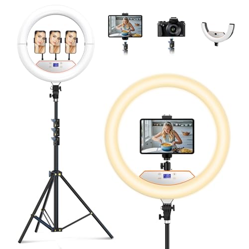 18 inch Ring Light with Stand,Foldable Large Ring Light for ipad iPhone,LCD Display/4 Clips/2 USB Ports,2700-6500K with Tripod for Tattoo Lash Barber