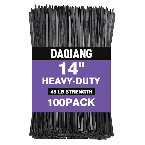DAQIANG 60 lb Heavy Duty 14-Inch Black Zip Ties 100-Pack - UV Resistant, Self-Locking Nylon Cable Ties for Indoor/Outdoor Use