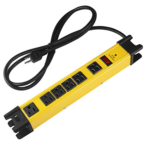 CCCEI Heavy Duty Power Strip Surge Protector with 15A, 6 Plug Industrial Shop Workshop Garden Metal Multiple Outlets, 6FT Extension Cord 1200 Joules