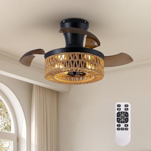 SPACORA 28'' Retractable Ceiling Fan with Lights and Remote, Flush Mount Small Caged Ceiling Fan Farmhouse Boho Fandelier Invisible Blades 6 Wind