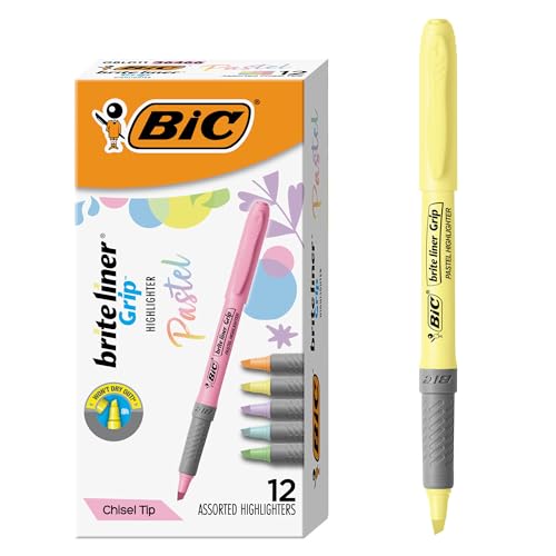 BIC Brite Liner Grip Pastel Highlighter Set, Chisel Tip, School Supplies for Students and Teachers, 12-Count Pack in Pastel Assorted Colors