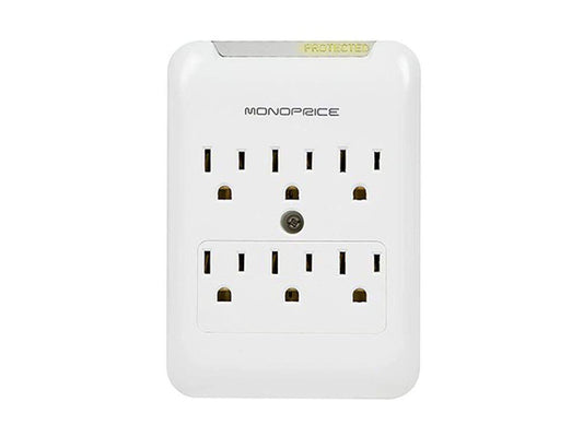 Monoprice Power & Surge - 6 Outlet Surge Protector Slim Wall Tap - White | UL Rated, 540 Joules With Protected Light Indicator