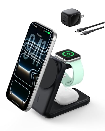 Belkin MagSafe Charger Compatible, 3-in-1 Charging Station, Qi2.2 25W Magnetic Wireless Charger Dock, Foldable Charging Stand for iPhone 17/16/15