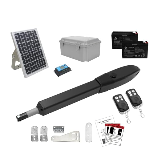JUJIANG C026 Solar Gate Opener with Batteries & Solar Panel for Single Swing Gates Up to 770lb 16FT Automatic Gate Openers with Remote Complete Kit