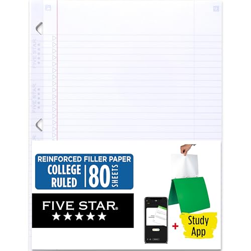 Five Star Loose Leaf Paper + Study App, College Ruled Filler Notebook Paper, Reinforced, Fights Ink Bleed, 8-1/2" x 11", 80 Sheets (170102)