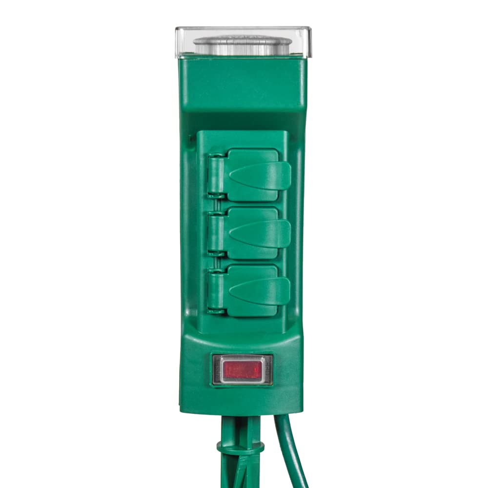 VOLT 120V Outdoor Power Stake with Timer, 6 Grounded Outlets & 6-Foot Extension Cord (Green) for Christmas Lights, Halloween Decorations, Bistro