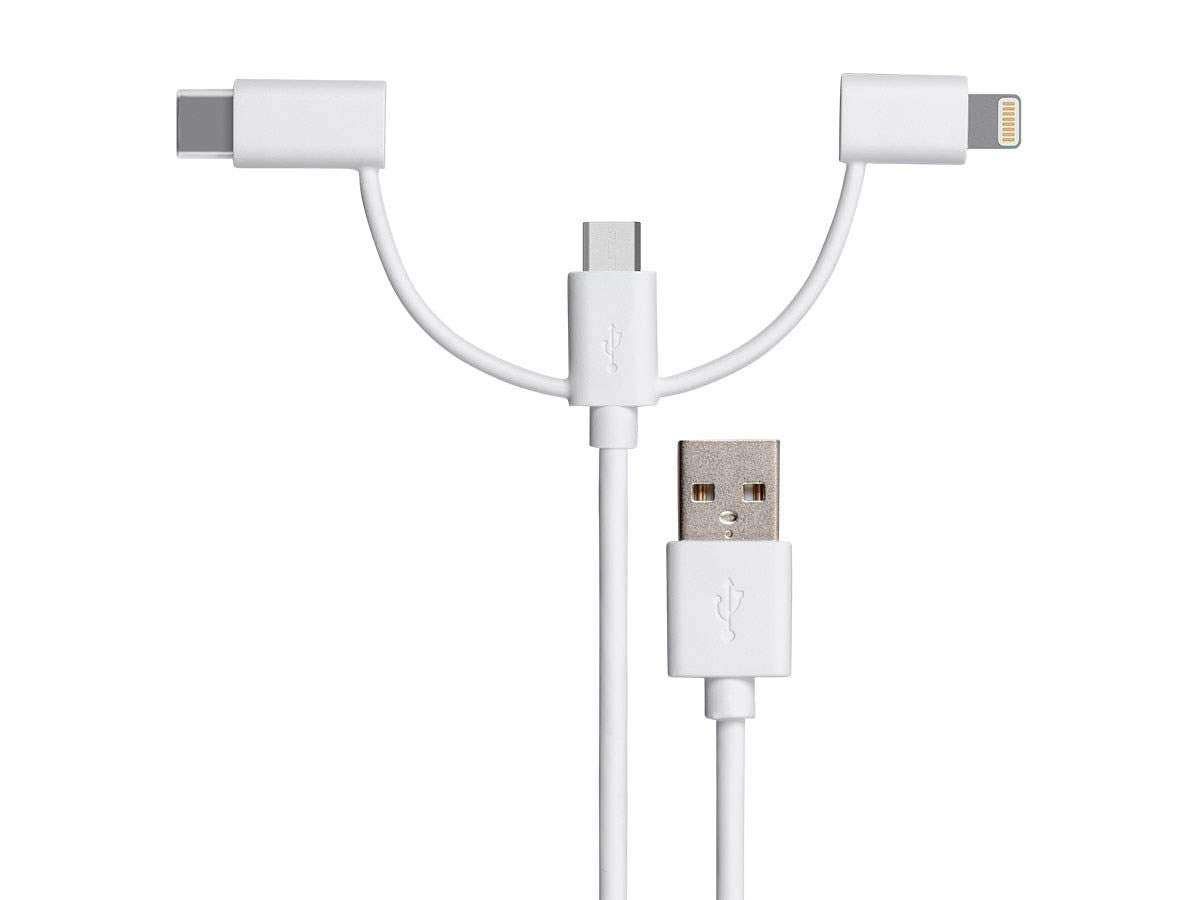 Monoprice 3-in-1 Multiport USB to USB Micro-B + USB-C + Lightning Charging Cable - 3 Feet, White - Essential Series