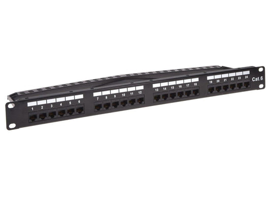Monoprice 24-Port Cat6 Unshielded UL Listed Patch Panel, 1U, 110/Dual IDC, with Wire Support Bar, Metal Front, PoE+ (TAA), T568A/B, 22-24 AWG, Gold