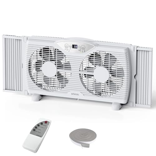 shinic Twin Window Fan, 9-Inch Blades Reversible Airflow, Thermostat Control, 3 Speeds, 3 Functions, 23.8"-37" Expandable Width, Window Exchaust Fans