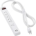 Global Industrial 12" 5+1 Outlet Strip & Surge Protector w/USB Ports, 900 Joules, 6-ft Cord, White
