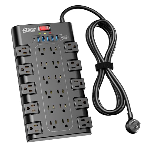 Power Strip, SUPERDANNY Surge Protector with 22 AC Outlets and 6 USB Charging Ports, 1875W/15A, 2100 Joules, 6.5Ft Flat Plug Heavy Duty Extension Cord