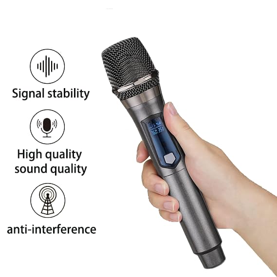 HUACAM Wireless Microphones, Dual Handheld Dynamic Wireless Mic for Karaoke, Wedding, DJ, Party, Speech, Church, Class, PA System, 200ft, Gray & Red