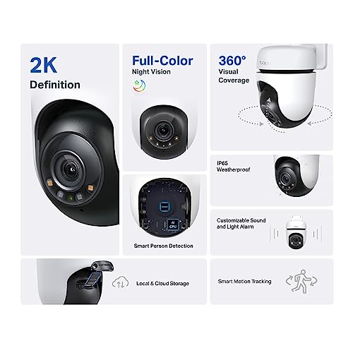 Tapo 2K Outdoor Wired Pan/Tilt Security Wi-Fi Camera, 360° View, Motion Tracking, Works w/Alexa & Google Home, Color Night Vision, Free AI Detection