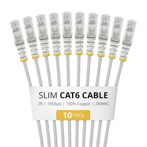 StarTech 2ft Gray Slim CAT6 Cable, 10 Pack, Snagless RJ45, LSZH, 28AWG Pure Bare Copper, Slim Network Patch Cable/Cord