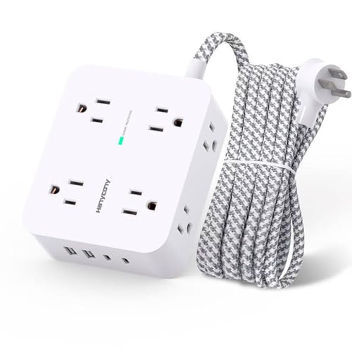 Surge Protector Power Strip - HANYCONY 8 Outlets 4 USB (2 USB C) Charging Ports, Multi Plug Outlet Extender, 5Ft Braided Extension Cord, Flat Plug