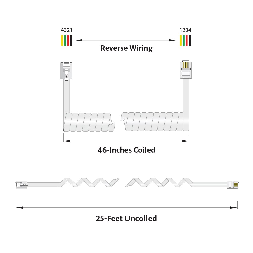 Cablesys Coiled Telephone Handset Cord for Use with PBX Phone Systems, VoIP Telephones - 25 Ft Uncoiled, Rj22, 1.5 Inch Lead on Both Ends, Light Gray