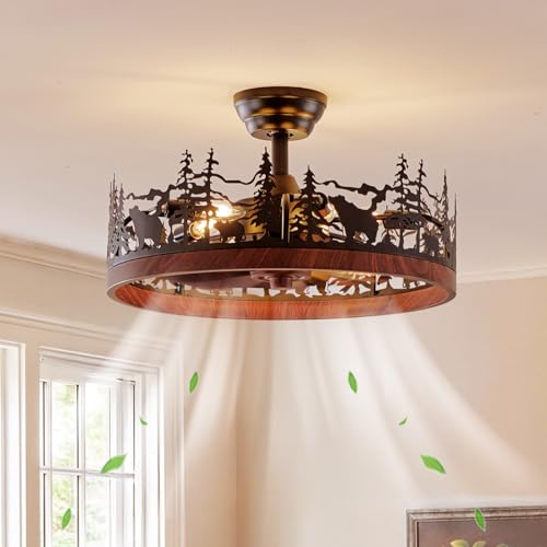 Monikessy Farmhouse Rustic Ceiling Fan with Light and Remote, 21.7" Flush Mount Enclosed Bladeless Black Chandelier Fan with Forest and Bear