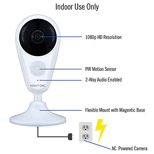 Night Owl Security Add-On Indoor Wireless 1080P Ac Powered Camera, White (CAM-WNVR2P-IN)