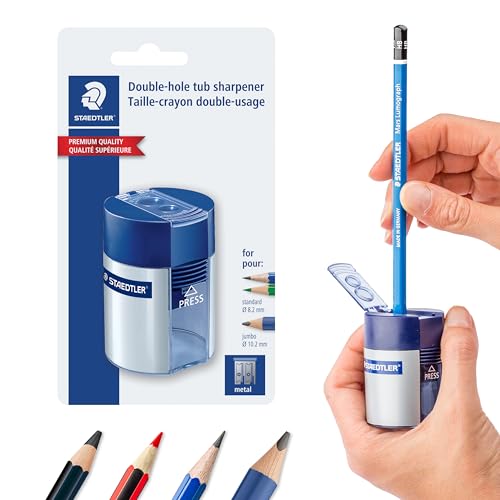 STAEDTLER Double-Hole Tub Pencil Sharpener: Dual Size Manual Sharpener for Standard Graphite & Colored Pencils - Compact Design - Ideal for Classroom