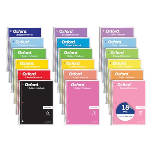 Oxford Spiral Notebooks, 18 Count Bulk Pack, 1 Subject, College Ruled Notebooks for School, 8 x 10.5 Inches, 70 Sheets, Assorted Colors, Back
