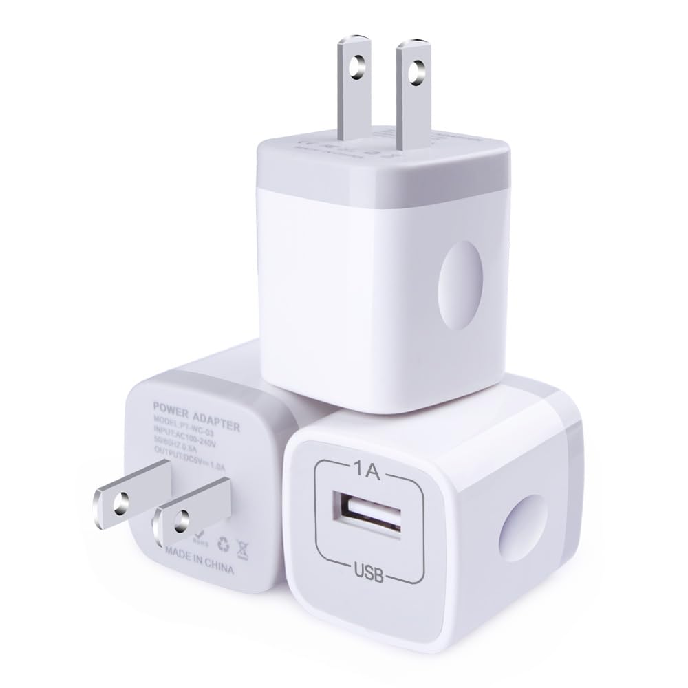 Jasdeia USB Wall Charger, CableLovers 1A/5V 3-Pack Travel USB Plug Charging Block Brick, Charger Power Adapter Cube Compatible Phone Xs/XS Max/X/8/7/6