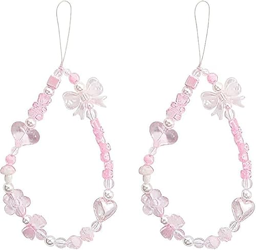 Senyango 2Pcs Pink Acrylic Beaded Mobile Phone Straps Anti-Lost Hand Strap Pendant Hanging Rope Phone Wrist Hand Lanyard Home Cell Phone Charms Button