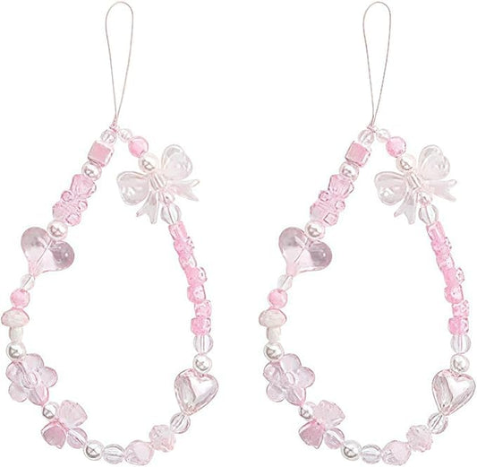 Senyango 2Pcs Pink Acrylic Beaded Mobile Phone Straps Anti-Lost Hand Strap Pendant Hanging Rope Phone Wrist Hand Lanyard Home Cell Phone Charms Button