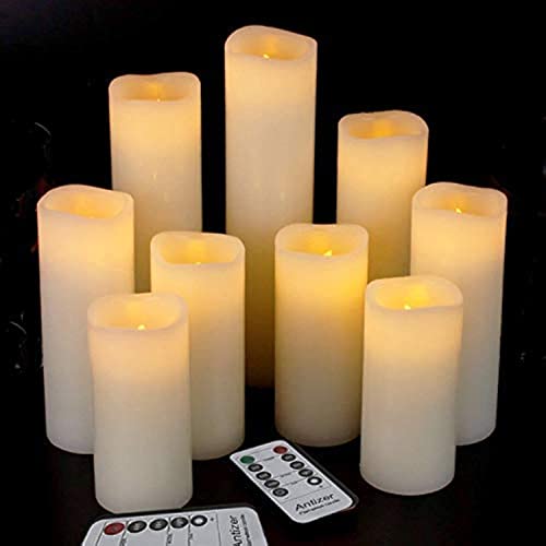 antizer Flameless Candles Led Candles Pack of 9 (H 4" 5" 6" 7" 8" 9" x D 2.2") Real Wax Battery Candles with Remote Timer for Home Fireplace Decor