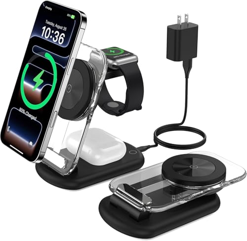 3 in 1 Magnetic Wireless Charging Station for Apple Devices, Fast Foldable Travel Mag-Safe Charger Stand with Night Light for iPhone 17 16 15 14 13 12
